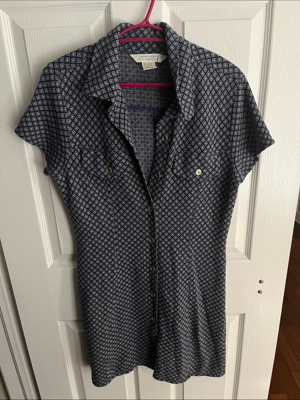 Retro Compagnie Internatiole Express Navy and White Patterned Button-Up Dress